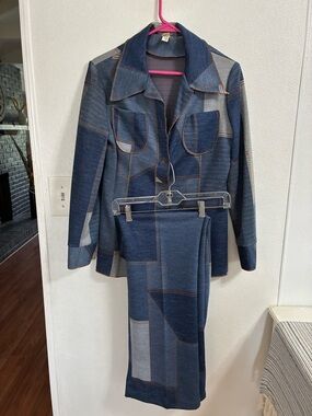 Vintage Two-Piece Denim Blue Patchwork Knit Suit - Jacket & Skirt 12